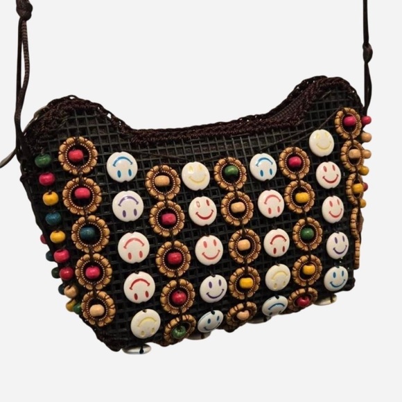 Handmade Handbags - VTG Boho 90s Smiley Face Coconut Shell Beaded Festival Mini Crossbody Bag Y2K